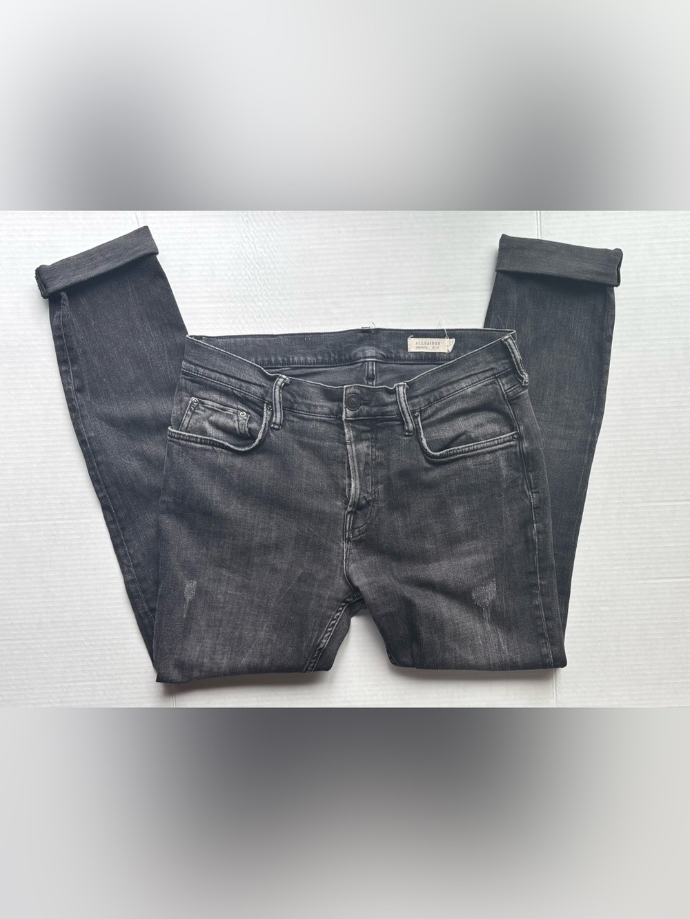 All Saints grey denim cigarette distressed skinny jeans charcoal grunge women’s
